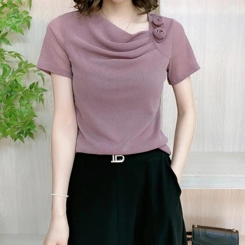 女性用フラワーパイルカラー半袖シャツ、肉感をカバーして着痩せ、夏用Tシャツ、気質トップス、メッシュ年齢軽減ボトムスシャツ|undefined