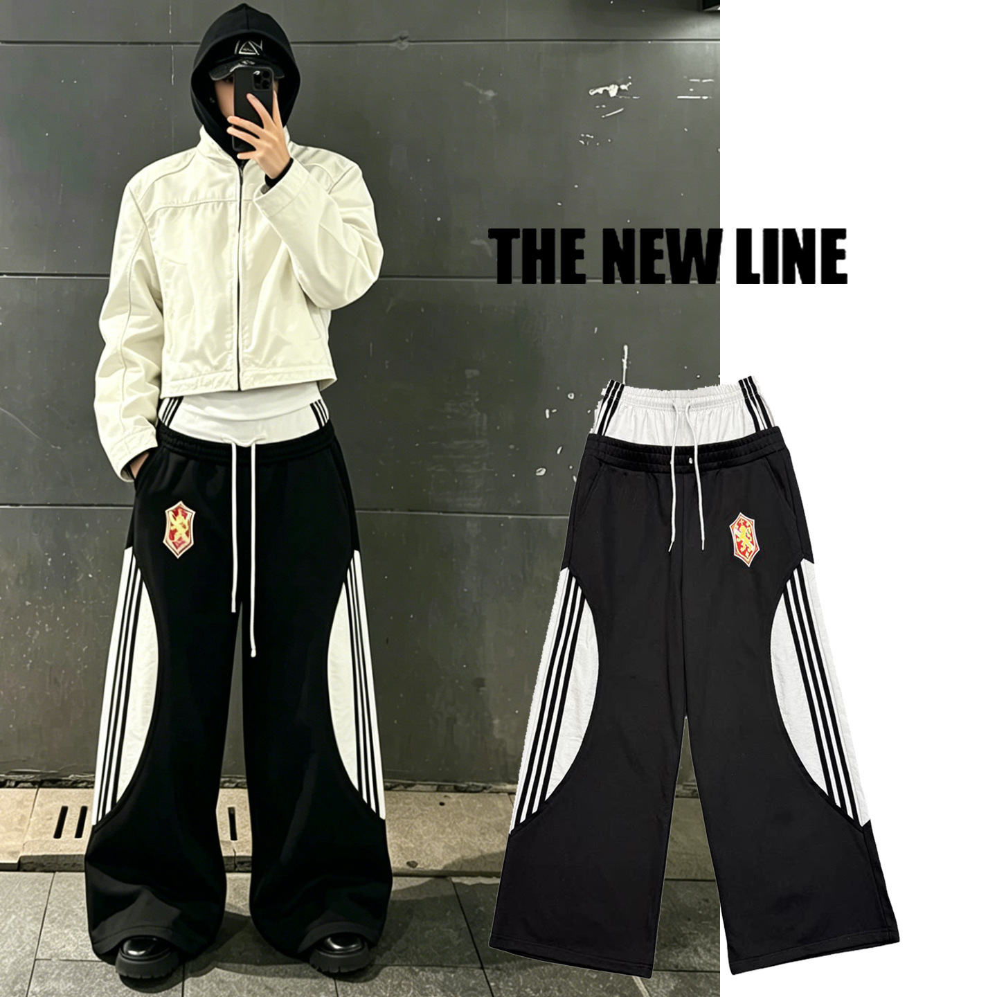 American-style faux two-piece double-waisted sweatpants for men, three-stripe color-blocked wide-leg pants, loose casual trendy sportswear.