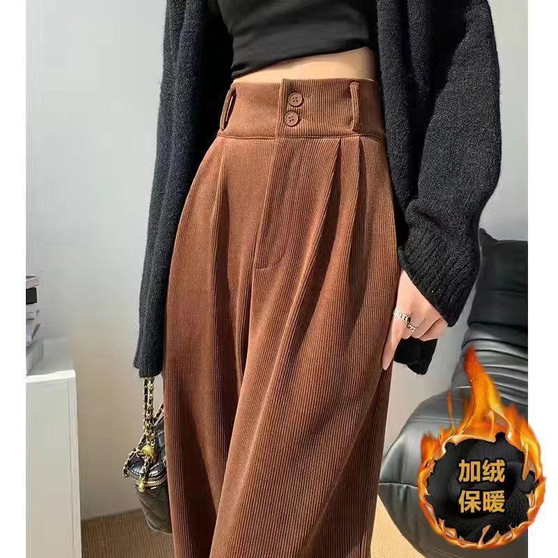 窄版雪尼尔阔腿裤女秋冬季小个子高腰垂感双扣休闲直筒灯芯绒裤子|undefined