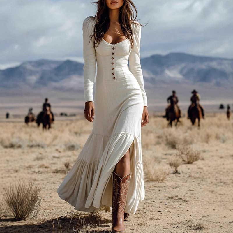 Amazon European and American Dress Cross-Border New Retro Western Style Button Pleated Long-Sleeved Sexy Long Dress