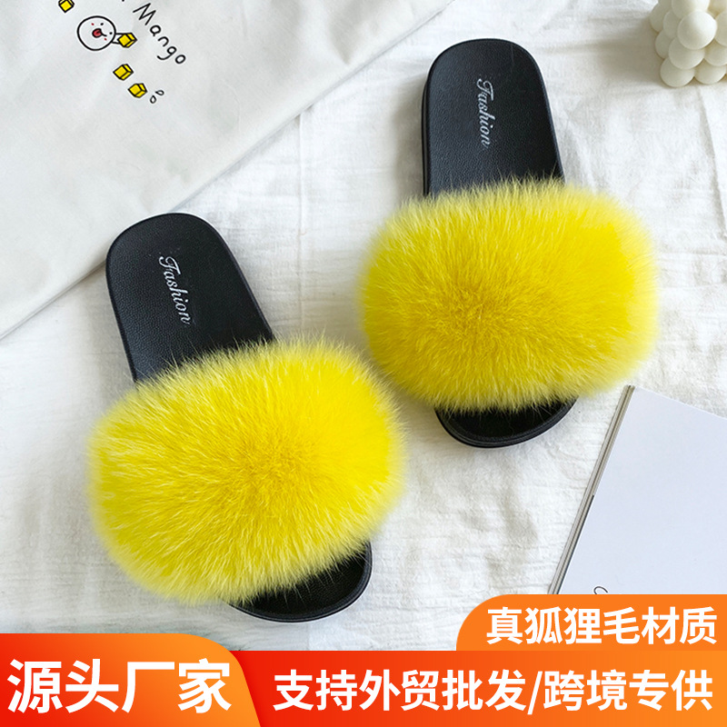 Amazon transfronterizo zapatillas de pelo de zorro real zapatillas de pelo de fondo plano zapatillas de pelo de mujer zapatillas de pelo de verano nuevas exportaciones