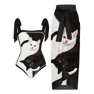 European and American Amazon Independent Station Cute Black and White Cat One-Piece Swimsuit with Wrap Skirt Playful and Cute Style Swimsuit for Women