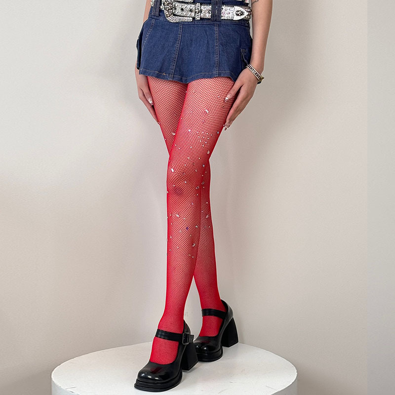 Fishnet Stockings with Hot Rhinestones for Women, Millennial Hotties, Heavy Industry, Asymmetrical Y2K Shiny Colorful Mesh Stockings, Personalized Rhinestones
