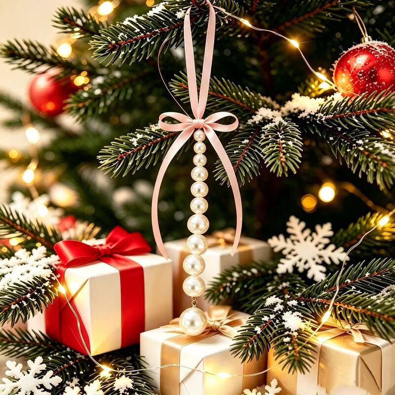 Cross-border long pearl chain ribbon bow pendant Christmas tree decoration long bow pearl ornament for holidays