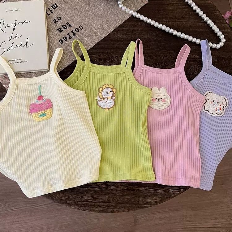 2023 Girls Summer Trendy 3D Small Flowers Korean Style Cartoon Animal Tank Top Candy Color Sweet New Arrival