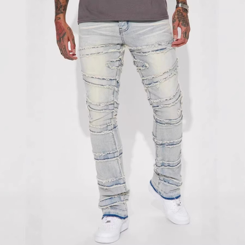 Men's Denim Workwear Straight-Leg Pants, European and American Fashion, Trendy Stretch Patchwork Denim Layered Flared Men's Pants