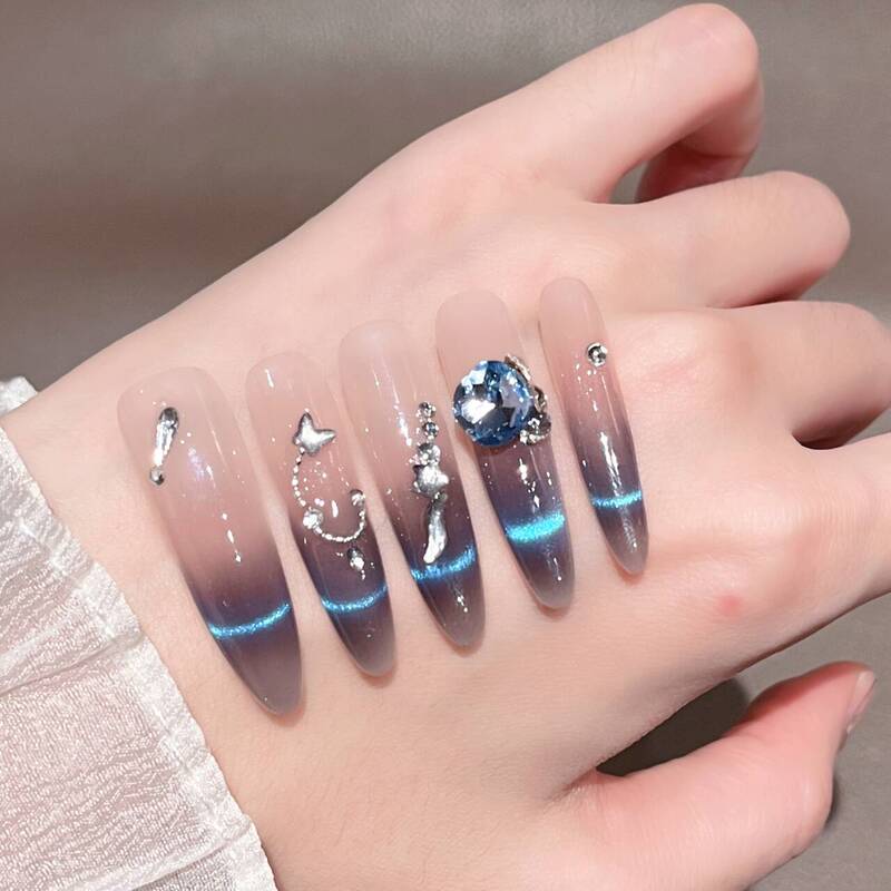 2026 New Style Dark Blue Cat-Eye French Style Long Thin Fake Nail Tips Handmade Removable Nails
