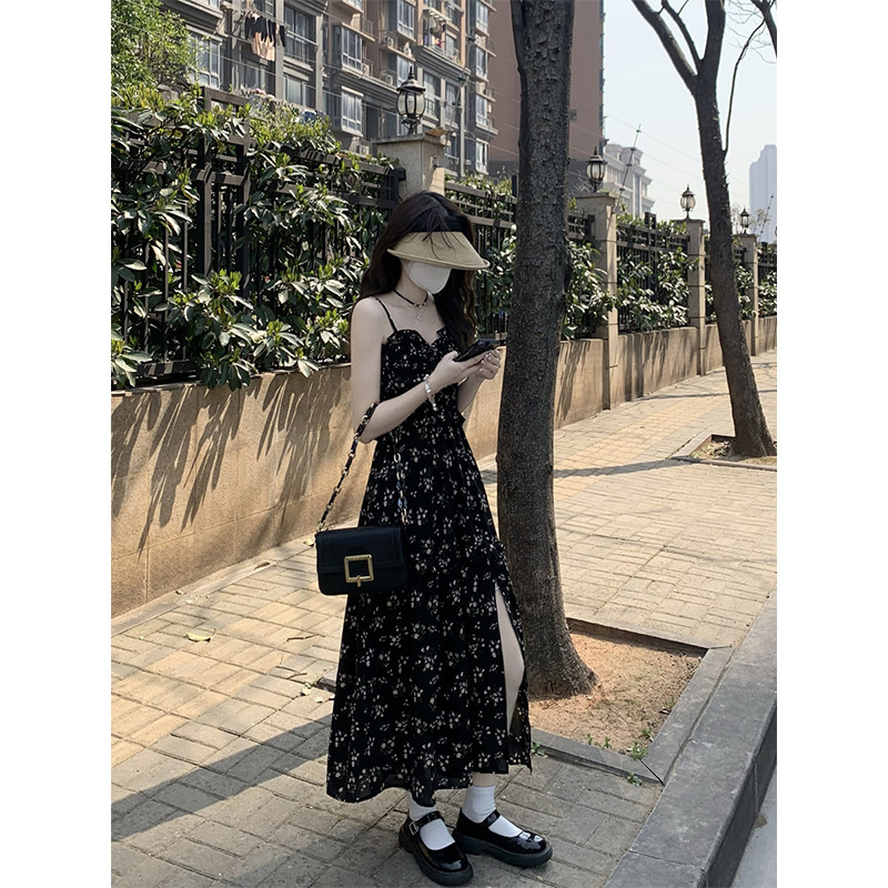 Đầm maxi nữ thắt eo xẻ tà dài phong cách trà chiều — đen chi tiết 4