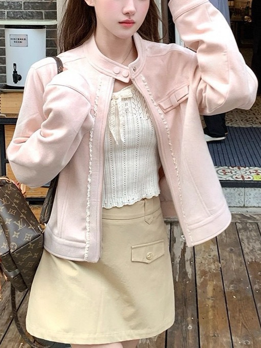 Acaine短款长袖粉色廓形麂皮外套女秋季美式棒球服夹克显白上衣|undefined