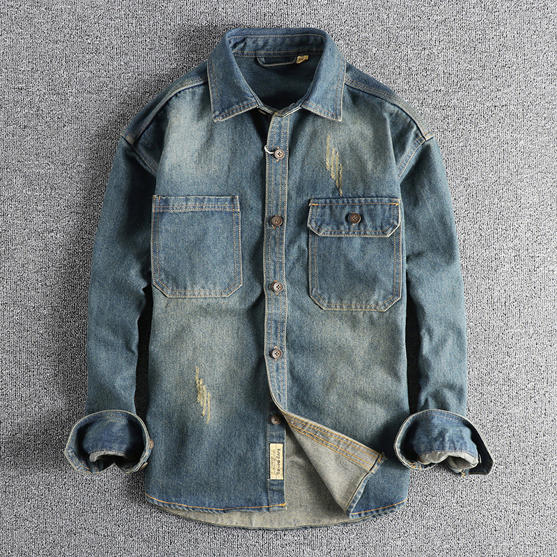 Sleeve Patch Stitching Heavy Washed Old Vintage Denim Shirt Men's Loose Rigid Fashionable Youth Shirt Sleeve Patch Stitching Heavy Washed Old Vintage Denim Shirt Men's Loose Rigid Fashionable Youth Shirt