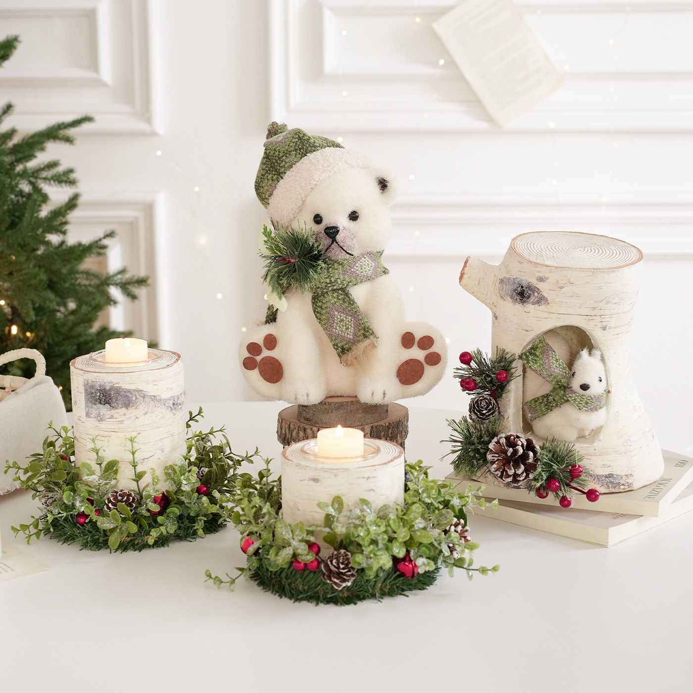 Espuma transfronteriza decoración de escritorio de Navidad de pino de hoja verde bosque alce muñeca de nieve decoración de escena
