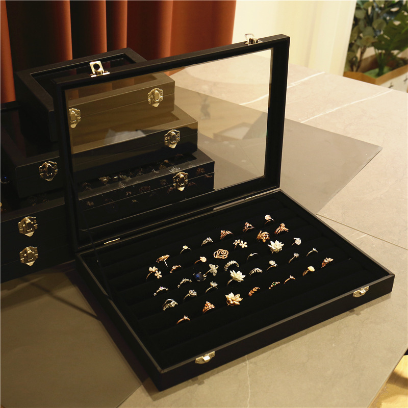 Black Jewelry Chest Jewelry Necklace Ring Earrings Bracelet Antique Plaid Storage Display Box with Lid Dustproof Glass