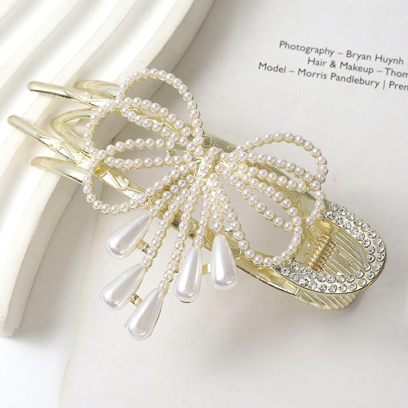 Fashion Bow Knot Metal Inlay Artificial Pearls Rhinestones Hair Clip 1 Piece display picture 3