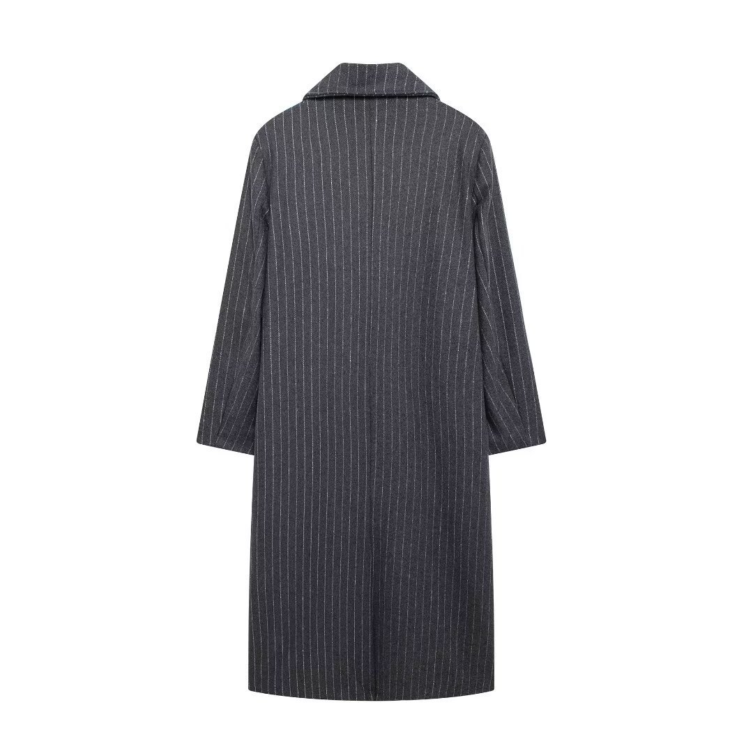 Women's clothing 2024 autumn/winter new style temperament suit collar striped woolen long jacket_voghion.com