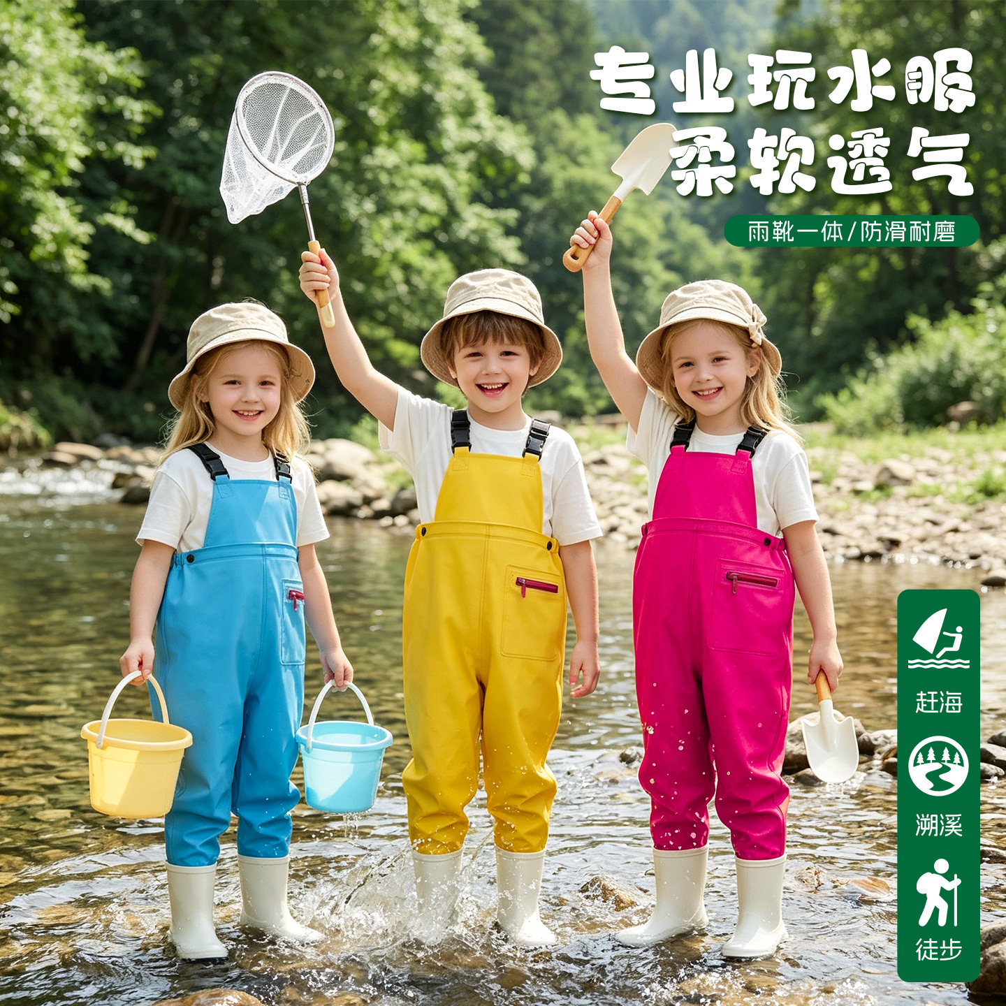 Children's waterproof one-piece pants for beach activities, kindergarten boys' and girls' water play gear, beach overalls, wading pants, fish-catching rain boots