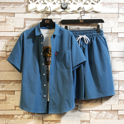 Summer Solid Color Short Sleeve Set Five-Button Shirt and Shorts for Men Plus Size Two-Piece Set/Leg 22 Shorts 20/TP42