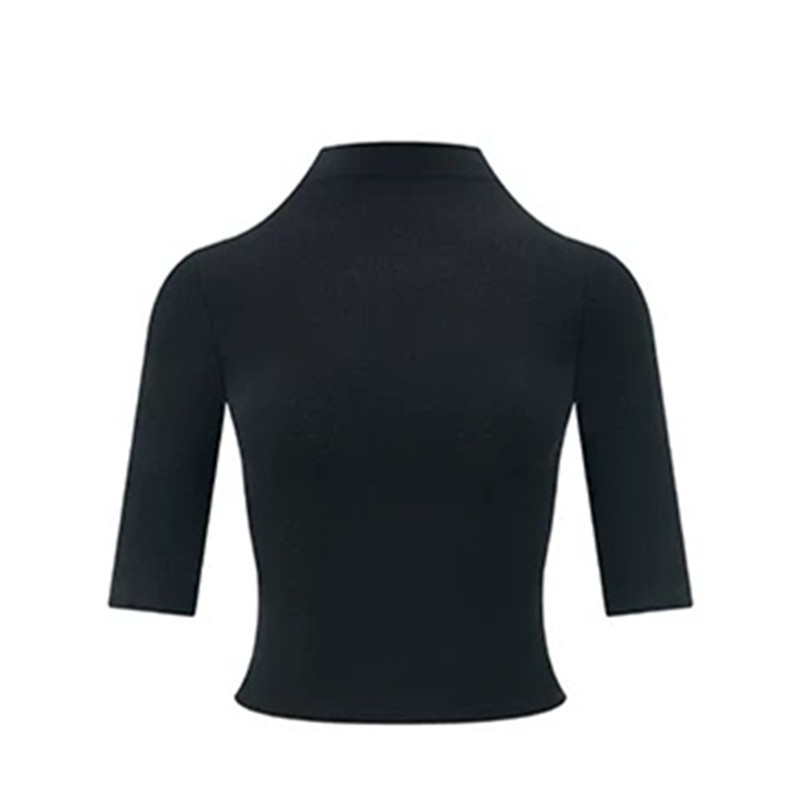 女性用ブラックミッドスリーブTシャツ、インナーにハーフタートルネックボトムシャツ、2025春夏新作五分袖スリムハーフスリーブトップ|undefined