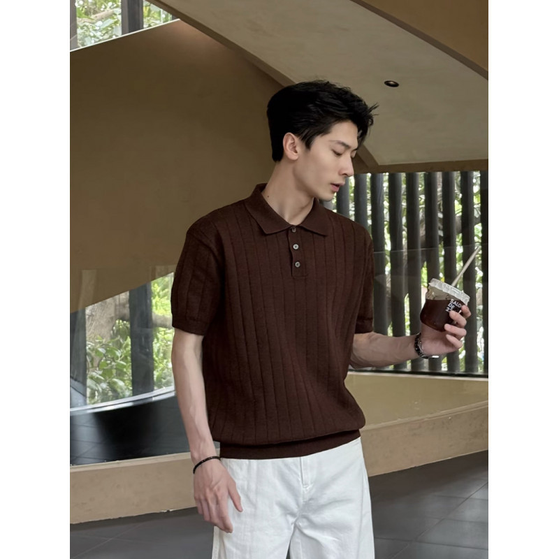 Buttoned Anti-Wrinkle White Old Money Style Brown Thin Summer Short Waist-Cinching Versatile T-Shirt Half-Sleeve Short-Sleeve Polo Shirt
