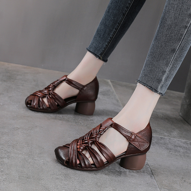Sandal nữ quai ngang gót vuông ổn định, mũi tròn da bò thật, đế cao 5 cm — màu nâu