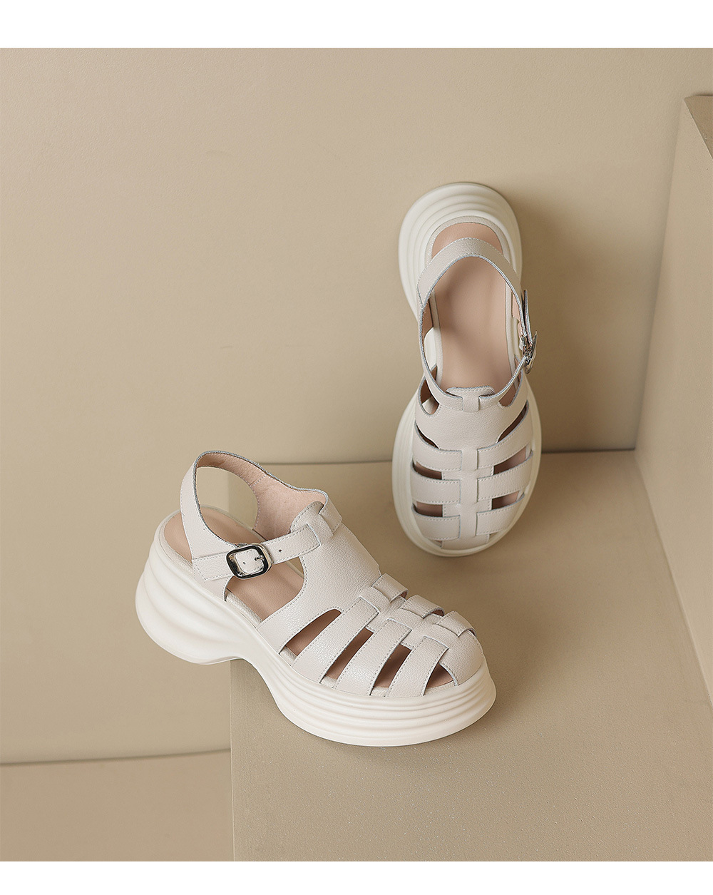 Sandal La Mã đế rỗng dệt mũi kín da thật gót cao 9 cm — đen chi tiết 14