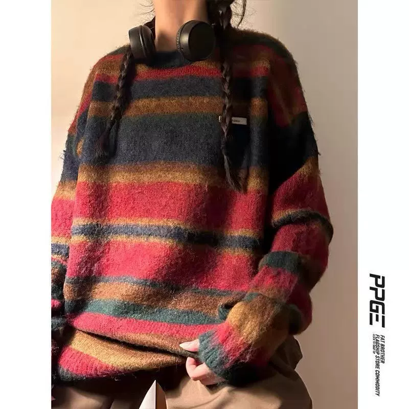 美式复古马海毛中性条纹毛衣男冬情侣针织衫加厚慵懒风毛线衣外套