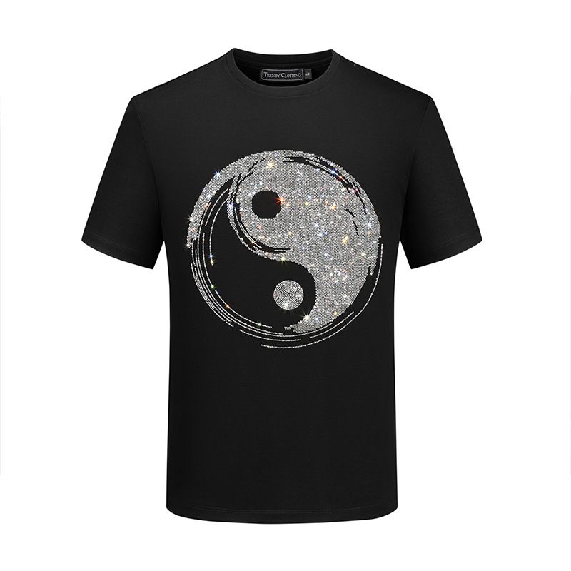 短袖t恤男2025新款夏季烫钻太极八卦图父亲节服装黑色半袖男道家