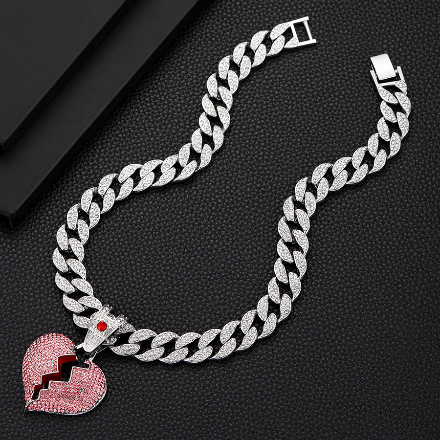 Diamond Broken Heart Necklace With Pink Crystals For Unisex_voghion.com