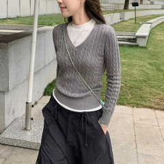 MosesQueen韩系慵懒风修身显瘦秋冬新款v领针织衫内搭麻花毛衣女