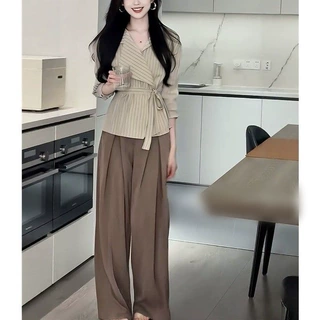 早秋气质一整套ootd穿搭套装通勤条纹V领绑带长袖衬衫高腰阔腿裤