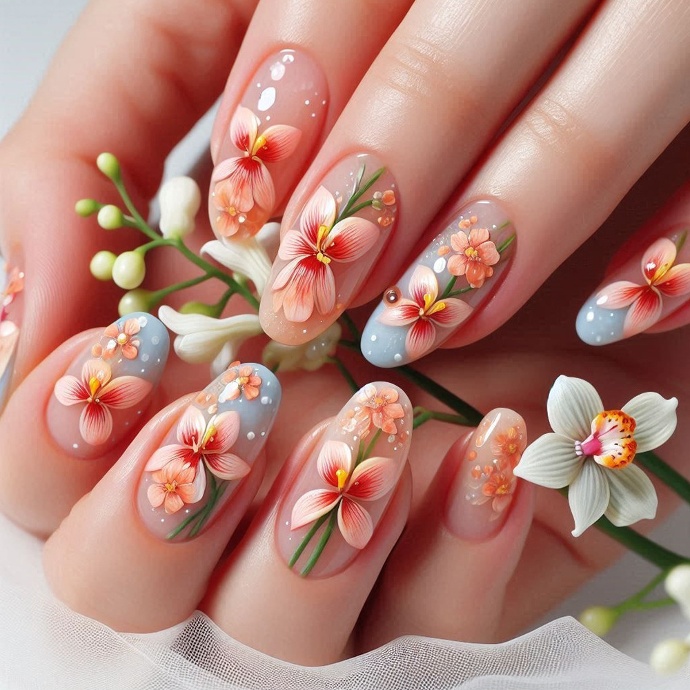 Flores hermosas desgaste de uñas parches de uñas falsas rosadas permeables al hielo sensación de alta calidad venta caliente transfronteriza de manicuría de gradiente