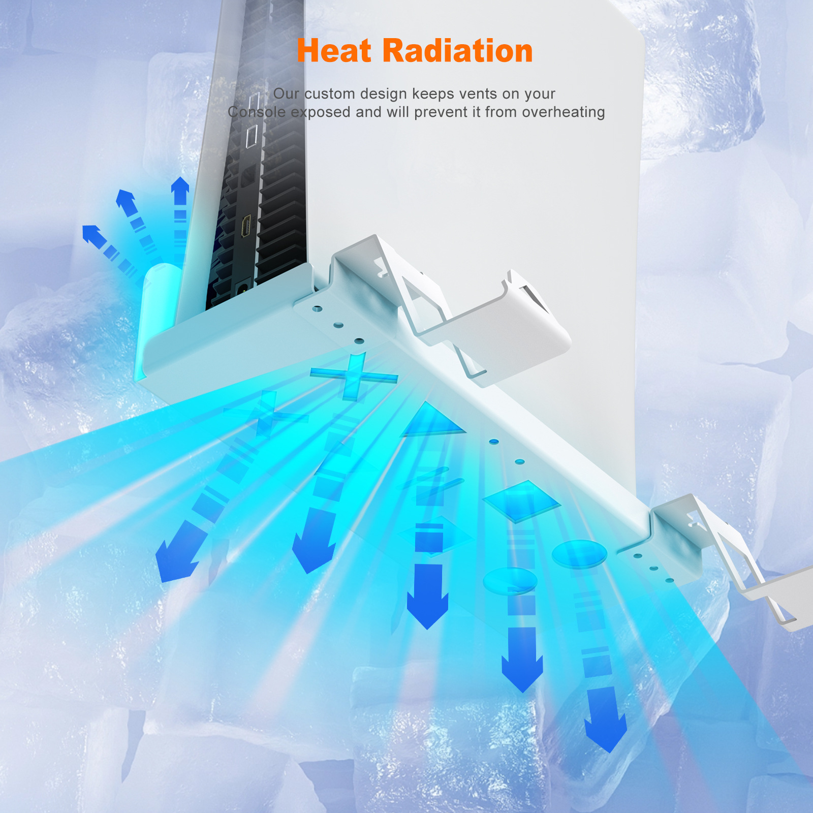 Soporte de pared para consola PS5 compatible con consola PS5 con asa, cable de carga y accesorios de juego.