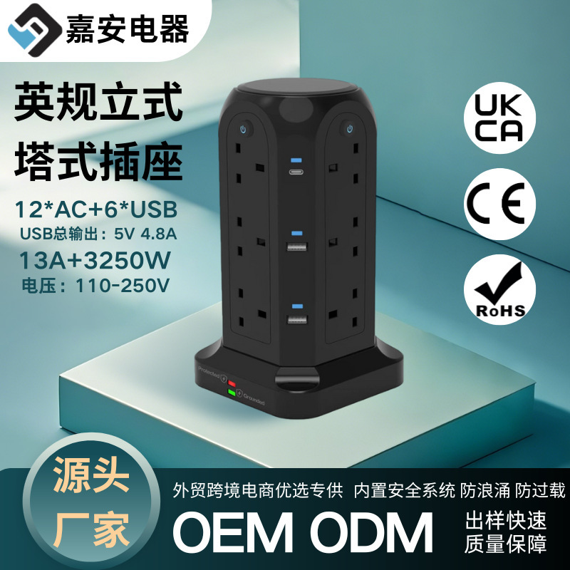 Cross-Border Direct Supply of British Standard Socket 12Ac+4Usb+2Type-C with Surge Protection, Overload Protection, and Child Safety Door Protection