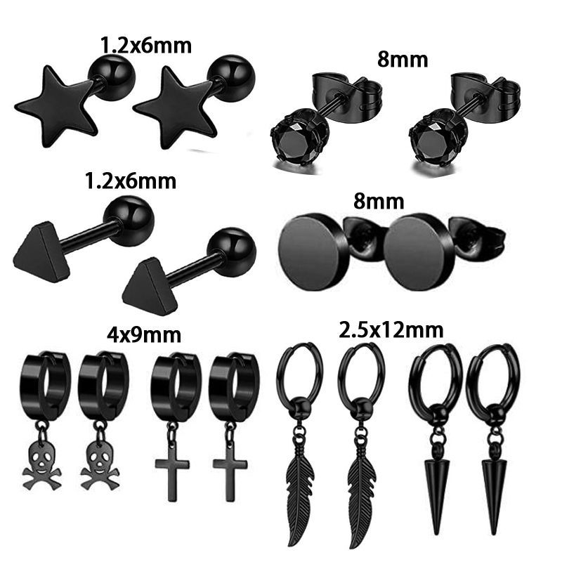 17 Pieces Set Men Stud Earrings Stainless Steel Pierced Earrings Set Black Silver Cross Earrings detail image 7
