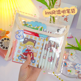 New ins style Japanese snap button storage bag simple transparent pvc cosmetic bag student large capacity stationery storage bag