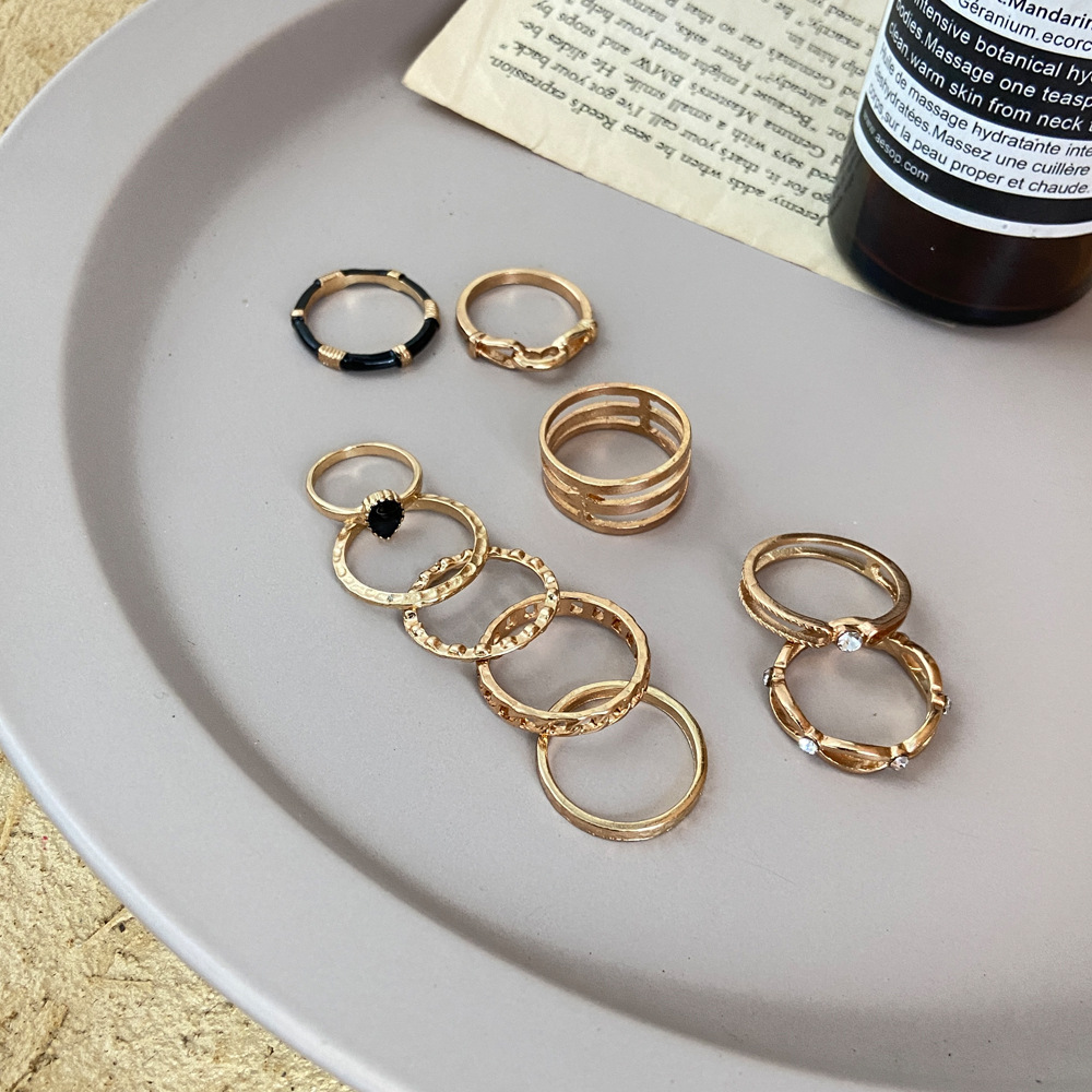 New Creative Retro Hollow Inlaid Zircon Black Joint Ring Set 10-piece Set display picture 2