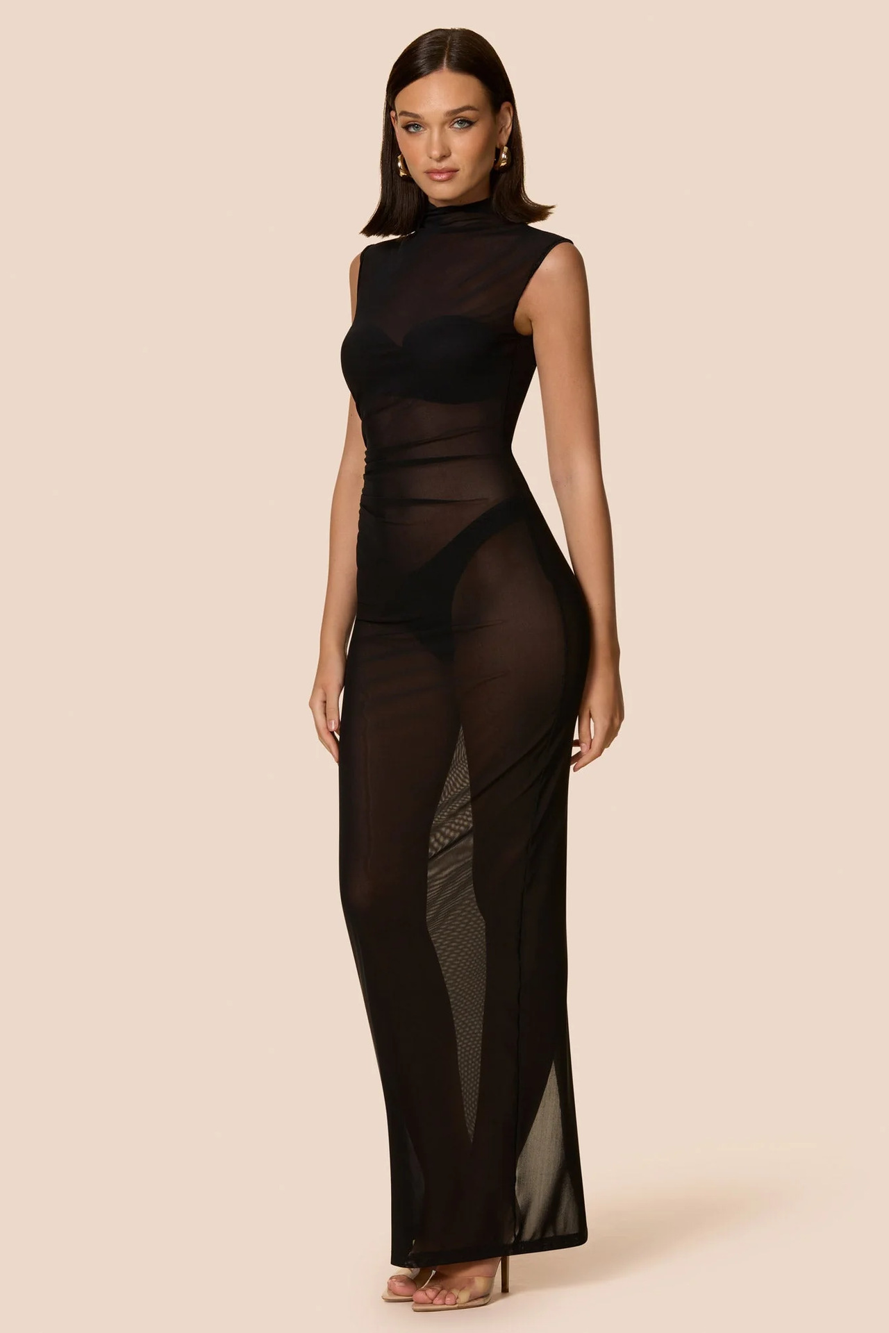 2025 European And American Style Summer New Sexy Women's, Slim-fit Sheer Stand-up Collar Sleeveless Back-slit Mesh_ecoleips.com