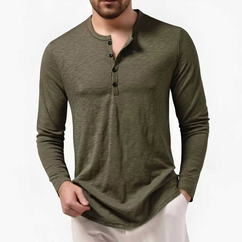 Men's Bamboo-Cotton Henley Neck Polo Shirt Long Sleeve Breathable Relaxed Fit Tops & Tees in White Black Wine Khaki Army Green Sizes S-2XL_voghion.com