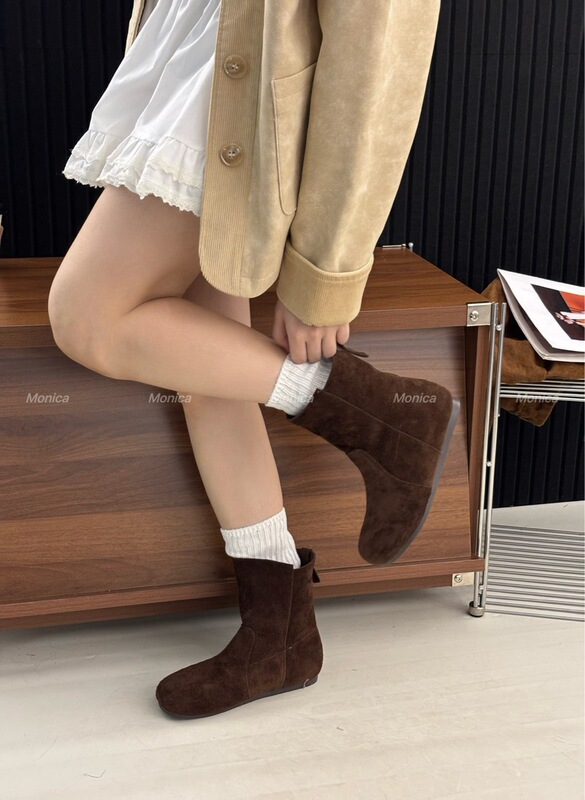 Monica2025真皮平底复古勃肯短靴女圆头马丁靴显瘦堆堆靴5092-36|undefined