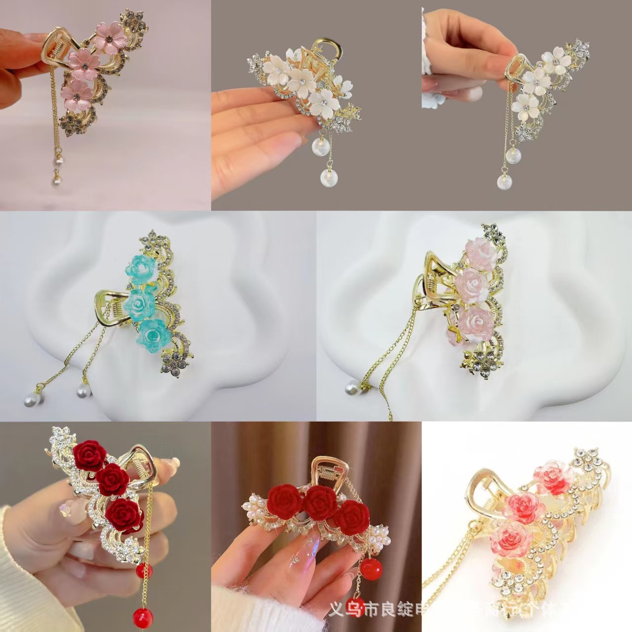 Factory Direct Sales Wholesale Exquisite Diamond Flower Hairpin Half-Tied Hairpin High-End Tassel Velvet Rose Headdress