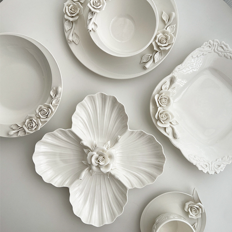 European Embossed Hand-Kneaded Flower Bowls, Plates, Cups and Tableware Sets for Home Afternoon Tea Exquisite Ceramic Presentation Dessert Plates