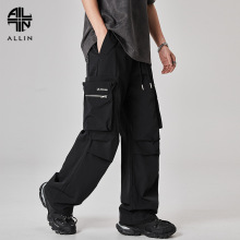 ALLIN 黑色工装裤男夏季薄款美式多口袋宽松直筒阔腿裤休闲长裤子
