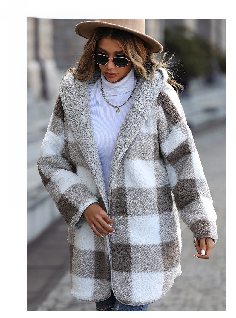 Flash Velvet European and American New Casual Plush Women's Hooded Regular Long Sleeve Loose Plaid Bubble Velvet Coat_voghion.com