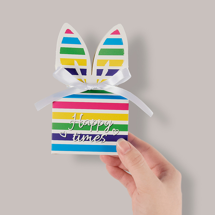 彩虹方形可爱兔子礼品糖果盒现货折叠蝴蝶结纸质包装盒子厂家批发