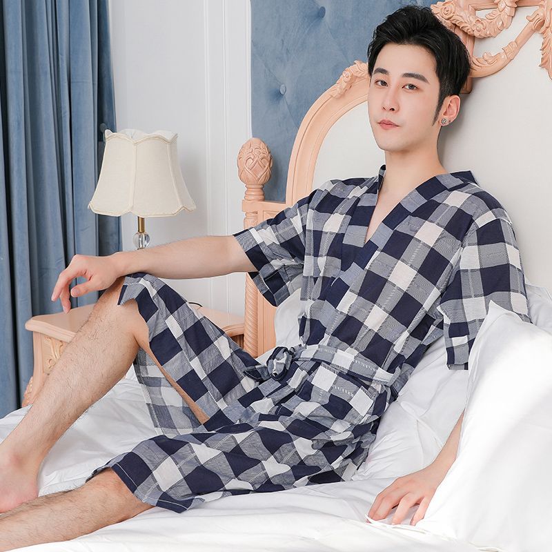 Camisón de manga corta pijamas de los hombres primavera y otoño albornoz algodón primavera y otoño mediados de longitud de algodón ropa de casa de verano