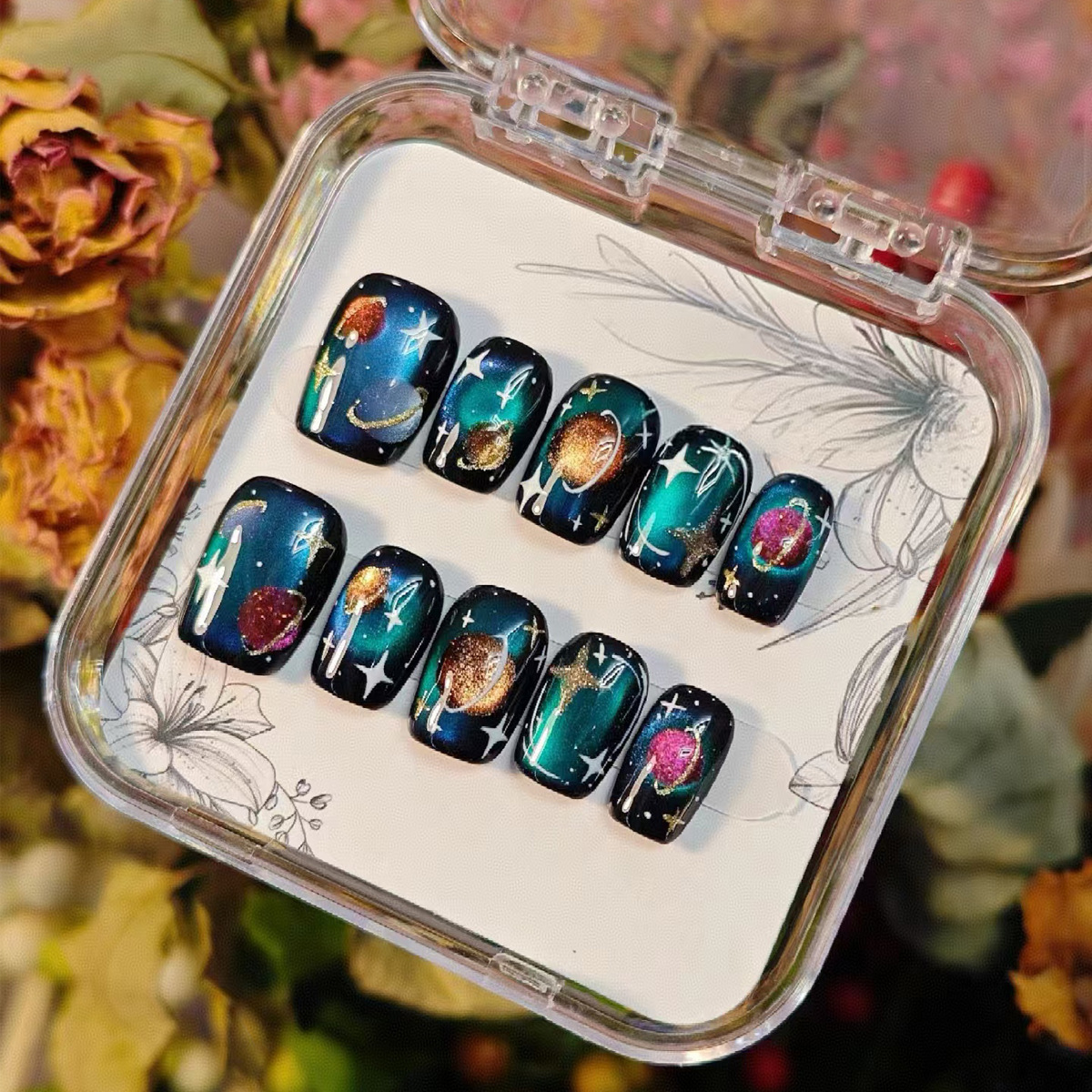 Pequeño libro rojo estilo caliente Happy Planet color ojo de gato con armadura corta de otoño e invierno con uñas blancas