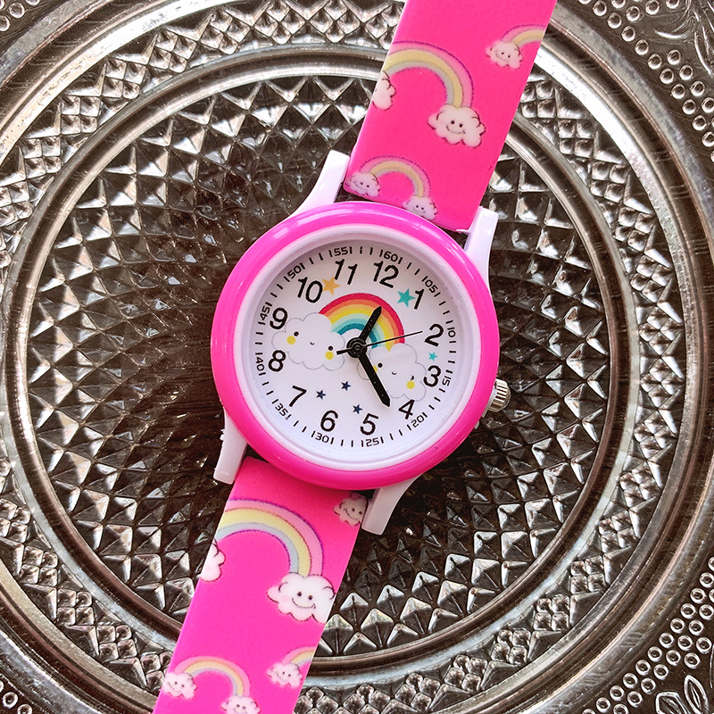 Ordinary Glass Mirror Material Cartoon Style Rainbow Buckle Quartz Kids Watches