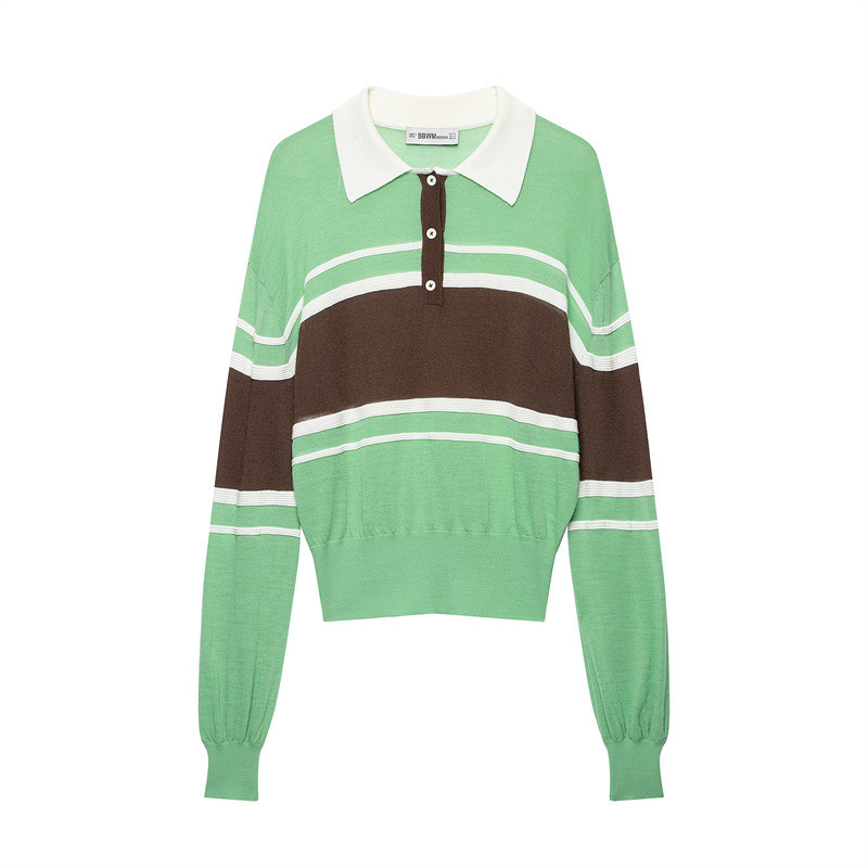 Foreign Trade European and American 2026 Autumn New POLO Collar Striped Long Sleeve Knit Sweater 2488107 Foreign Trade European and American 2026 Autumn New POLO Collar Striped Long Sleeve Knit Sweater 2488107