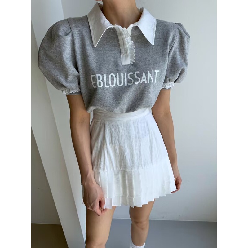 In Stock Korean Chic Summer New Style Lapel Letter Print Puff Sleeve Thin Sweatshirt Top for Women 15345