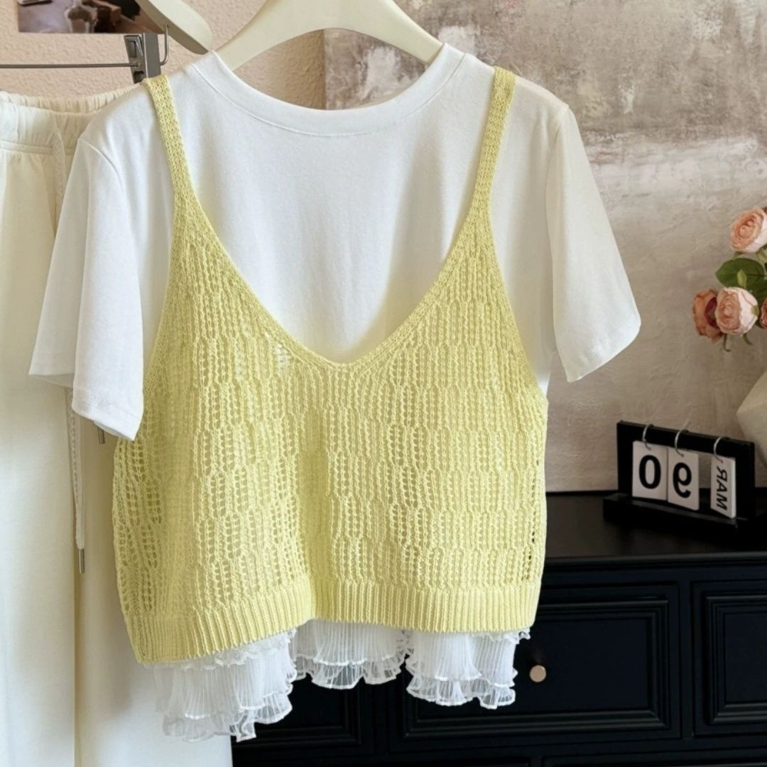 Korean Style Chic Atmosphere Hollow Knitted Women's Vest New Vest T-shirt Accessories Spring and Summer Stacked Short Top