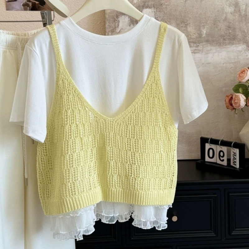 Korean Style Chic Atmosphere Hollow Knitted Women's Vest New Vest T-shirt Accessories Spring and Summer Stacked Short Top